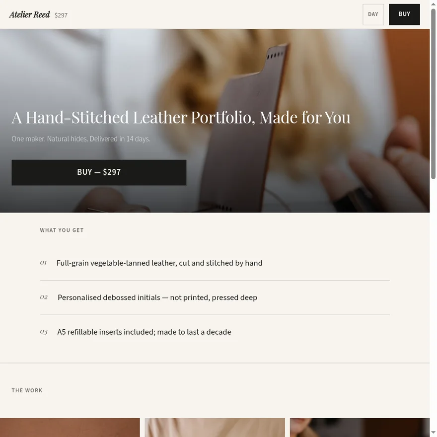 A one-page shop made with OpenTill: a leather portfolio offer with a single buy button